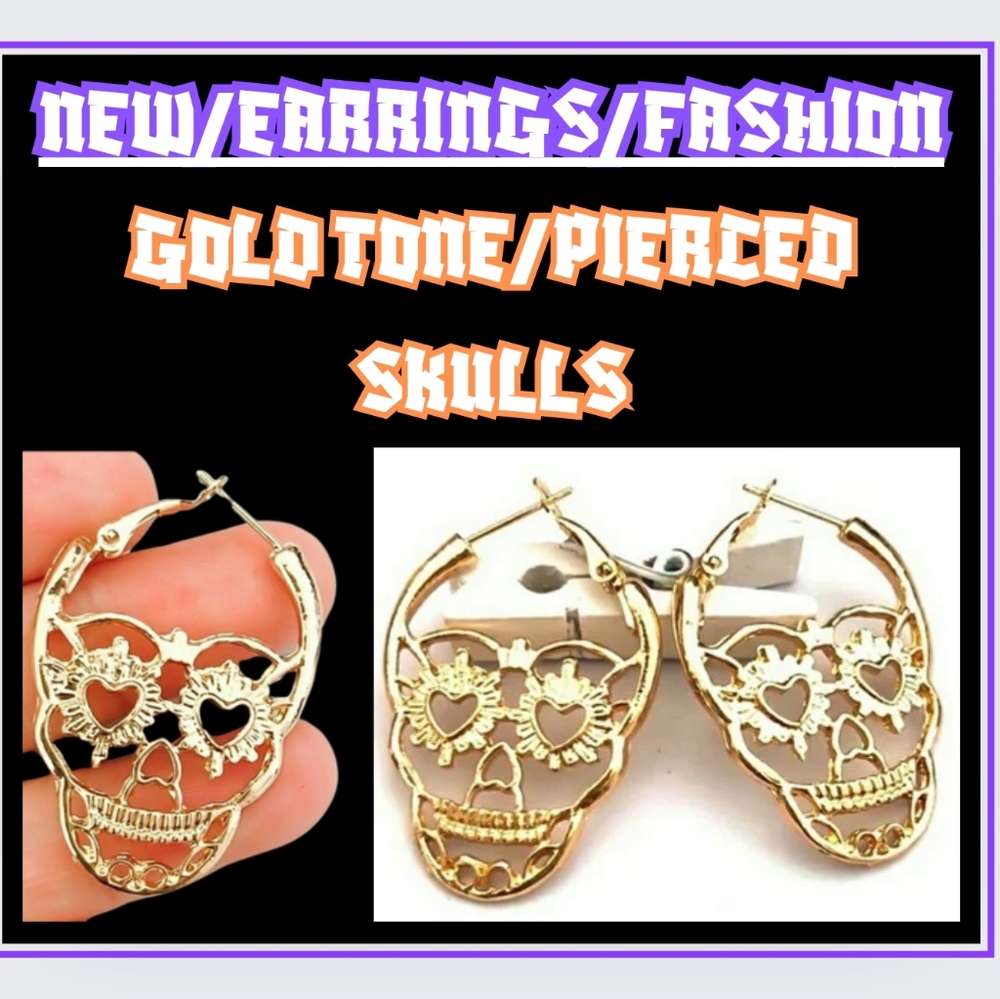 🔥NEW/FASHION/GOLD TONE/SKULLS-PIERCED EARRINGS